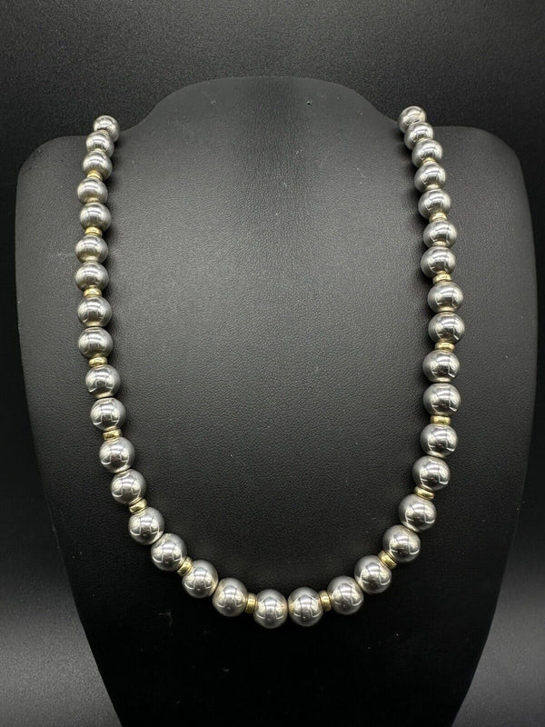 Vintage Sterling Silver W/Gold Filled Bead Necklace - 20" Long 29 Grams