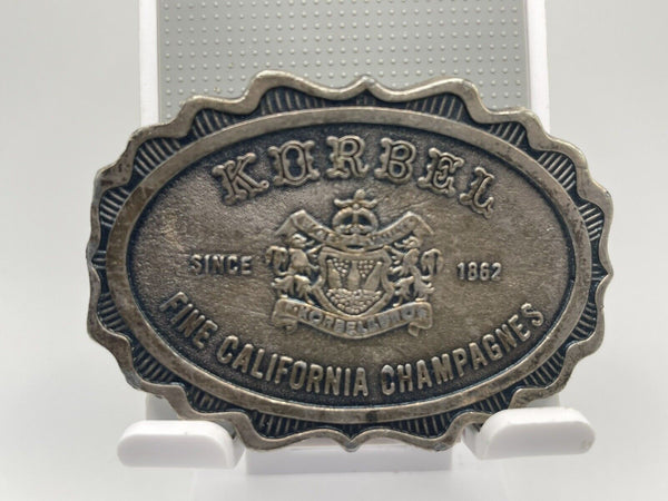 VINTAGE 1862 **KORBEL FINE CALIFORNIA CHAMPAGNES** BOOZE PEWTER BUCKLE