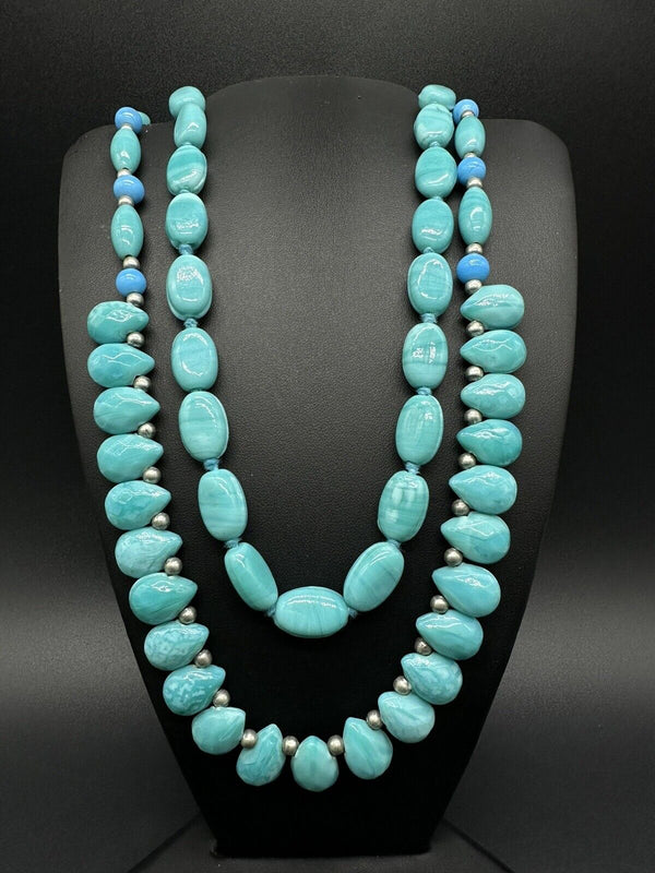 Beautiful Blue Faux Turquoise Oval Gemstone Beads Necklace 28”