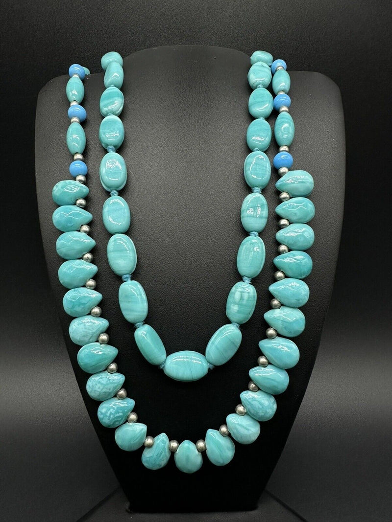 Beautiful Blue Faux Turquoise Oval Gemstone Beads Necklace 28”
