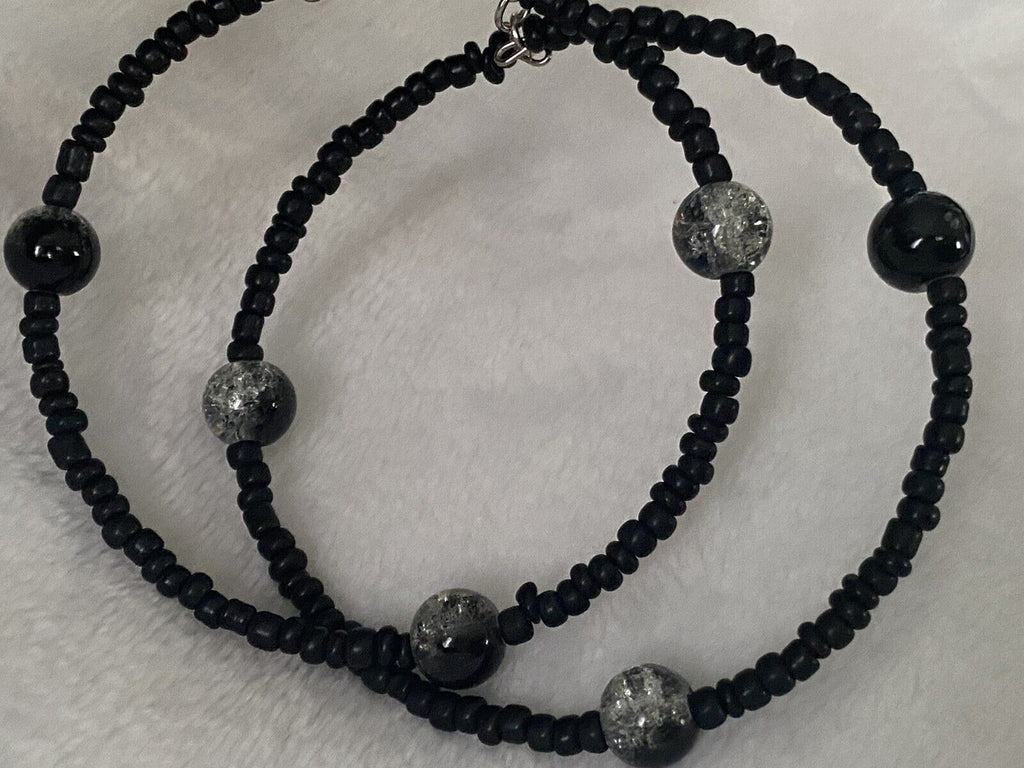 Hoop Black Seed Bead Hoop Earrings 2.5"