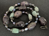 Vintage Peacock Pearl Amethyst Gemstone Stone Bead Beaded Necklace  14” Long
