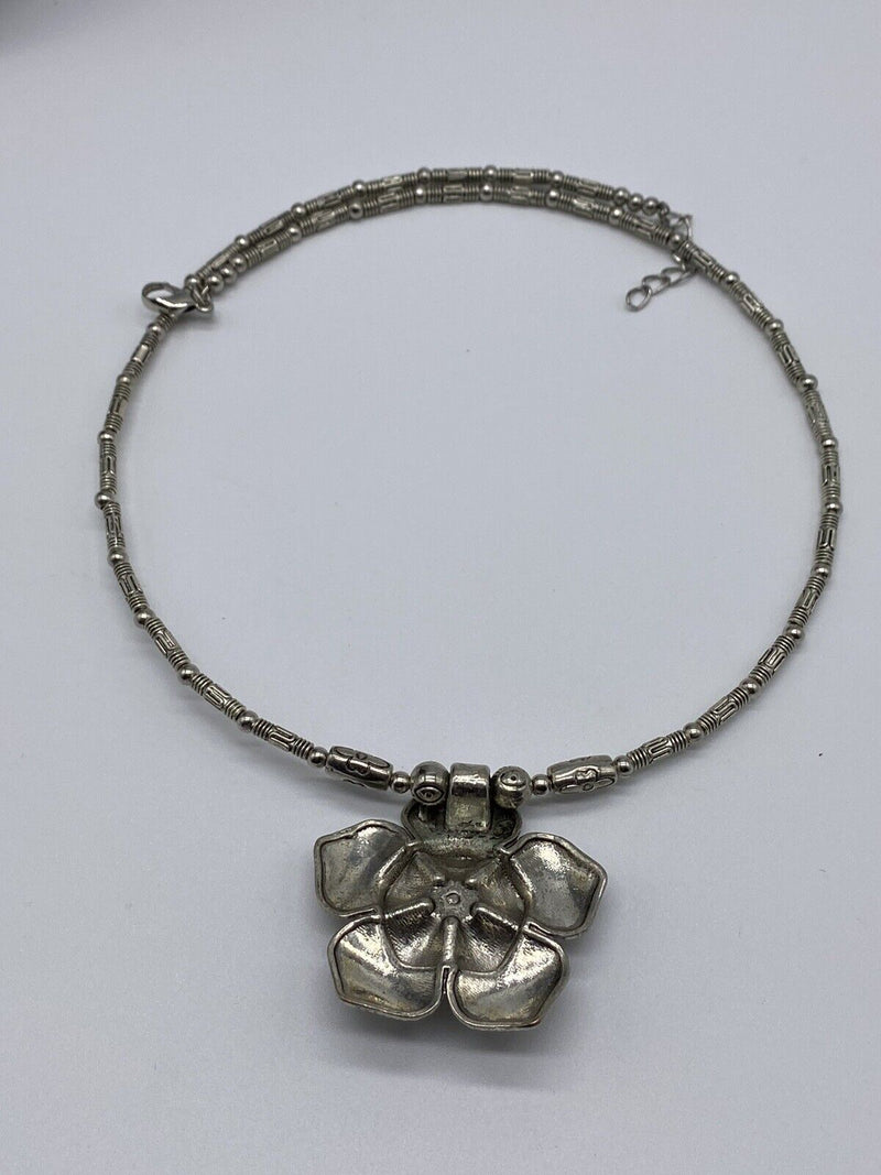 Vintage Inspired  Flower Pendant Silver Tone Choker Necklace