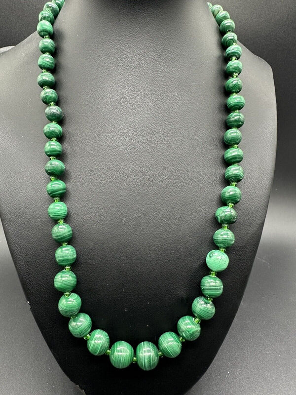 Vintage Carved Green Genuine Malachite Graduated Bead 20” Necklace