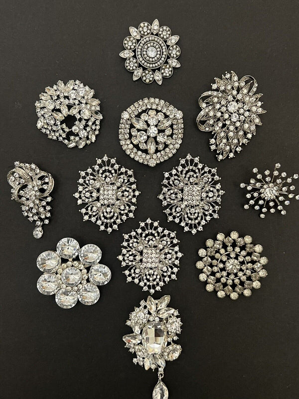 LOT OF 12 SILVER TONE 'SPARKLE RHINESTONE' BROOCHES, ASSORTMENT, VINTAGE-NOW