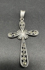 Sterling Silver Marcasite Cross Pendant Charm Patina Vintage 925 1.75”