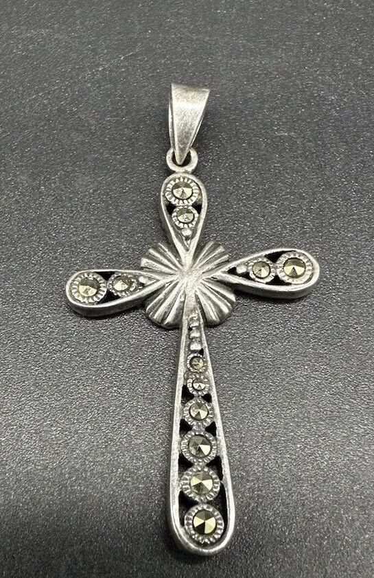 Sterling Silver Marcasite Cross Pendant Charm Patina Vintage 925 1.75”