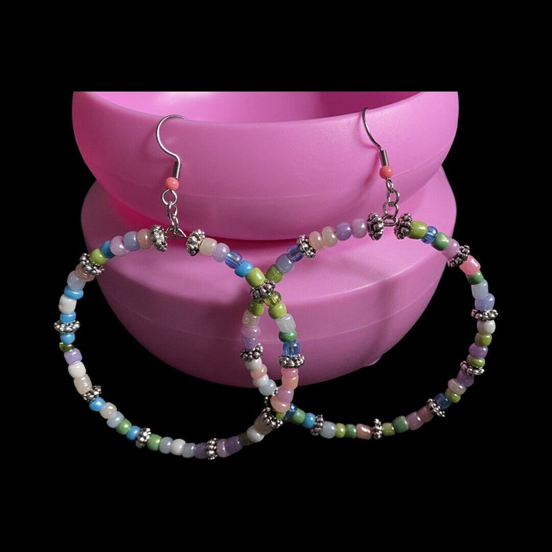 Handmade Crazy Mix Hoop Bead Earrings Pastel Multicolor 2.5"~Cute~
