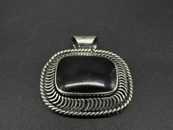 Mexico 925 Sterling Silver Domed Black Onyx Textured Pendant 1.5”