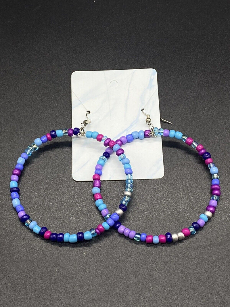 Handmade Crazy Mix Hoop Bead Earrings Blue Multicolor 2.5"