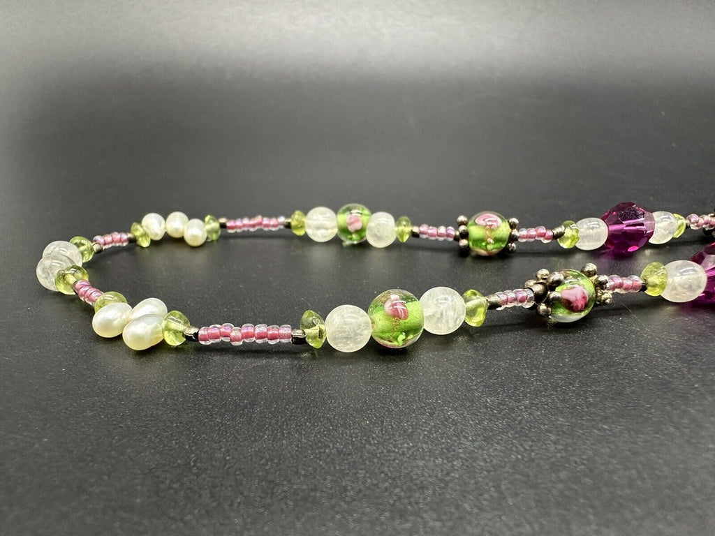 Vintage Murano Glass Pearl Beaded Faceted Crystal Necklace