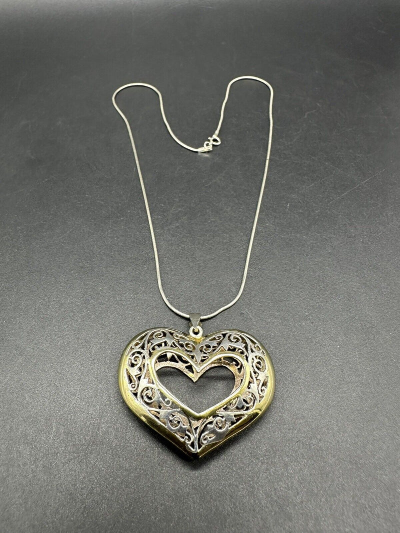 Sterling Silver Gold Tone 3D Heart Pendant Necklace 18” 14Gs