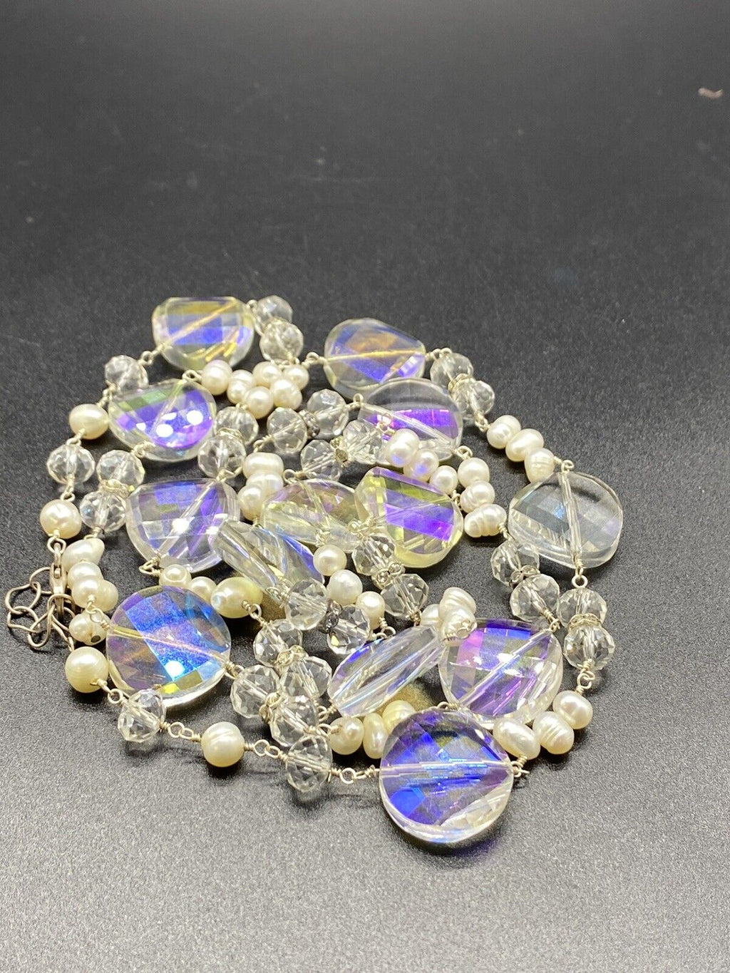 Vintage Silver Aurora Borealis 925 Sterling Silver Bead Pearl Necklace 17-18"