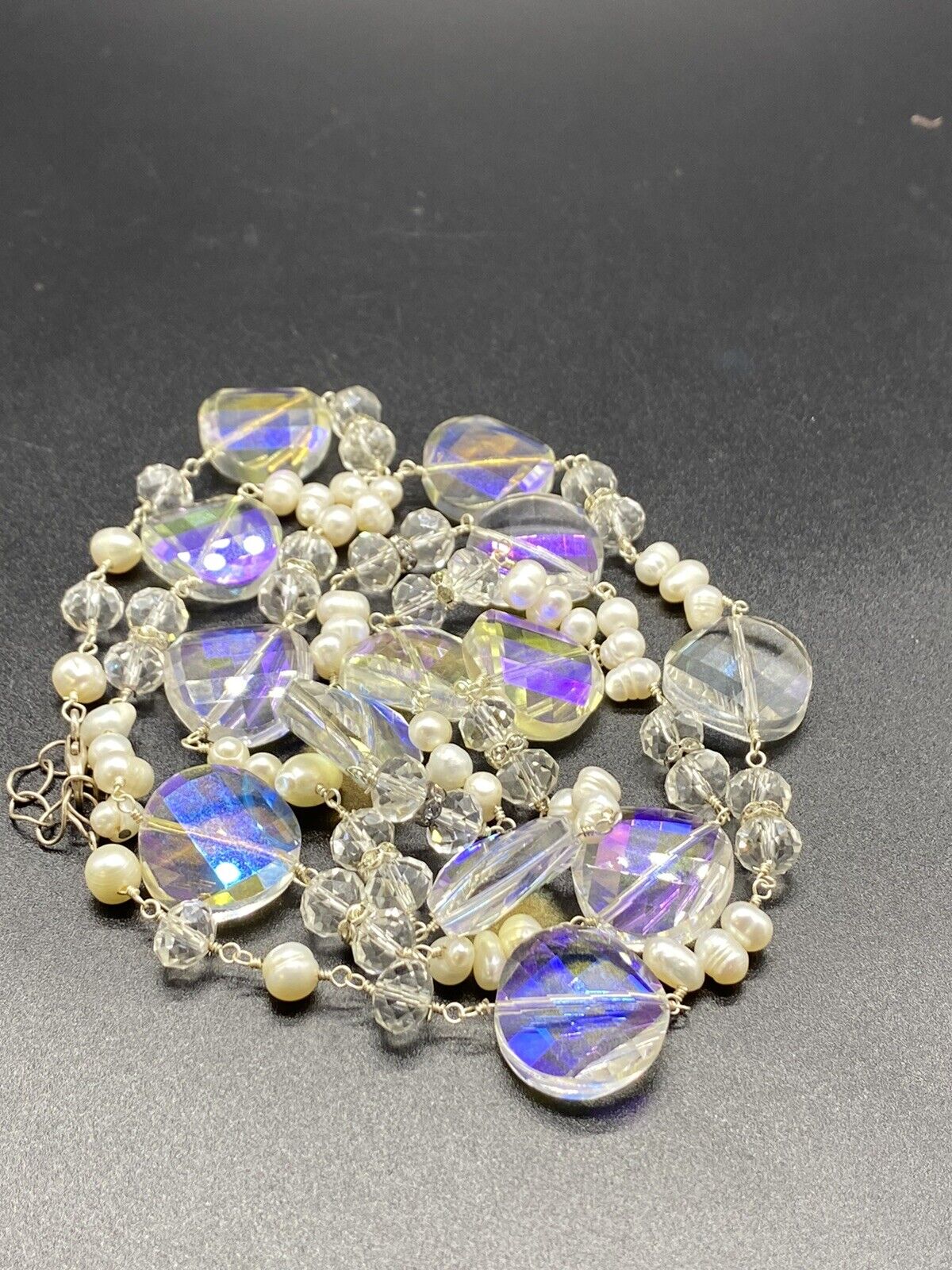 Vintage Silver Aurora Borealis 925 Sterling Silver Bead Pearl Necklace 17-18"