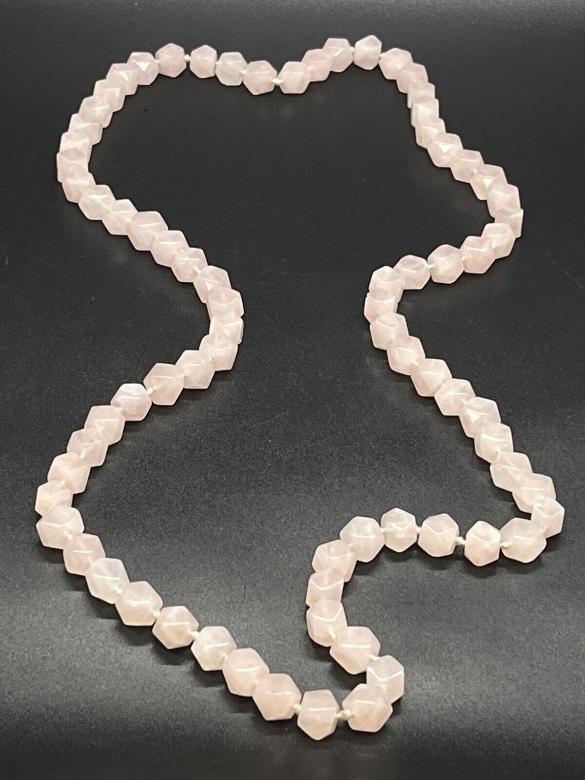 Vintage Pink Rose Quartz Hexagon Knotted Bead Necklace 34" Long
