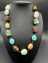 Carved Multi GemStone & Sterling Silver Beaded Necklace Handcrafted Jewelry 19”