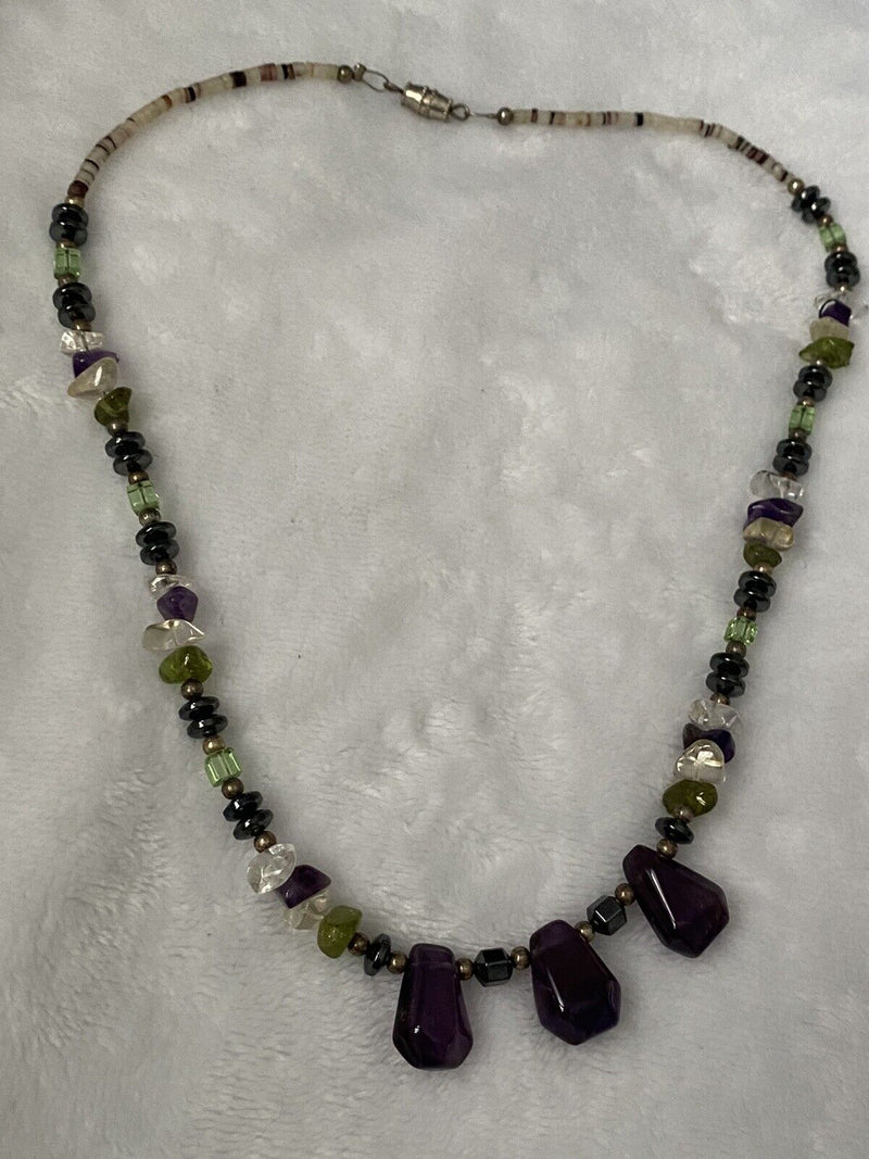 Vintage Purple Amethyst Heishi Shell Hematite Gemstone Bead Necklace 19" long