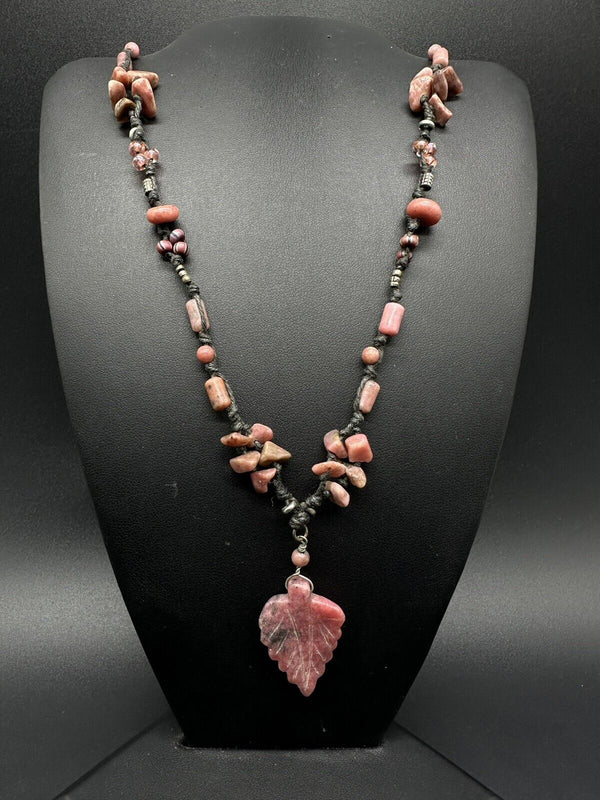 Vintage Handmade Pink Rhodochrosite Stone Leaf Necklace 20” 24Gs