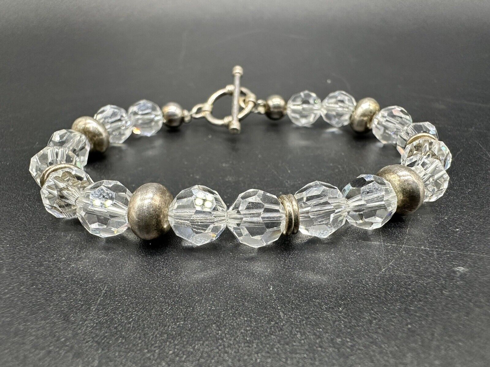 Sterling Silver Crystal Faceted Beaded Bracelet 6.25”