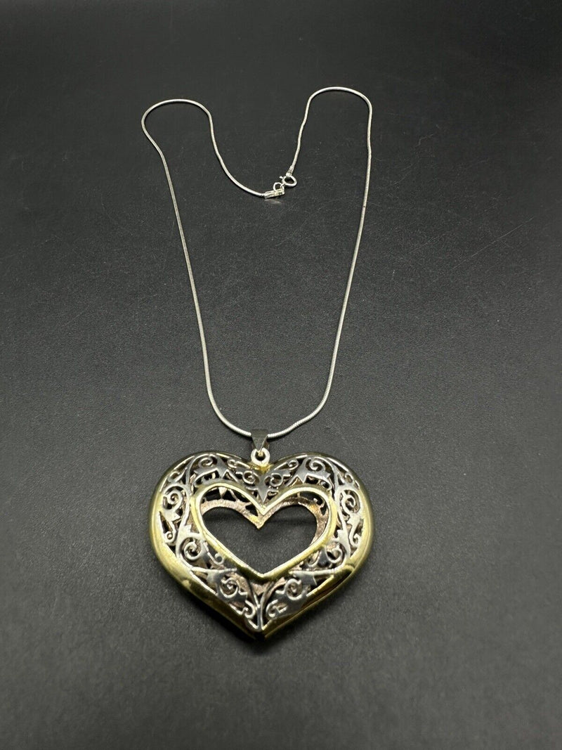 Sterling Silver Gold Tone 3D Heart Pendant Necklace 18” 14Gs