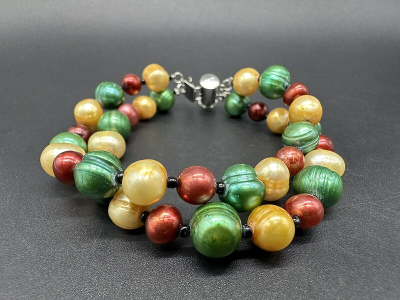 Double Strand Dyed Baroque Pearl Bead Bracelet Sterling Clasp