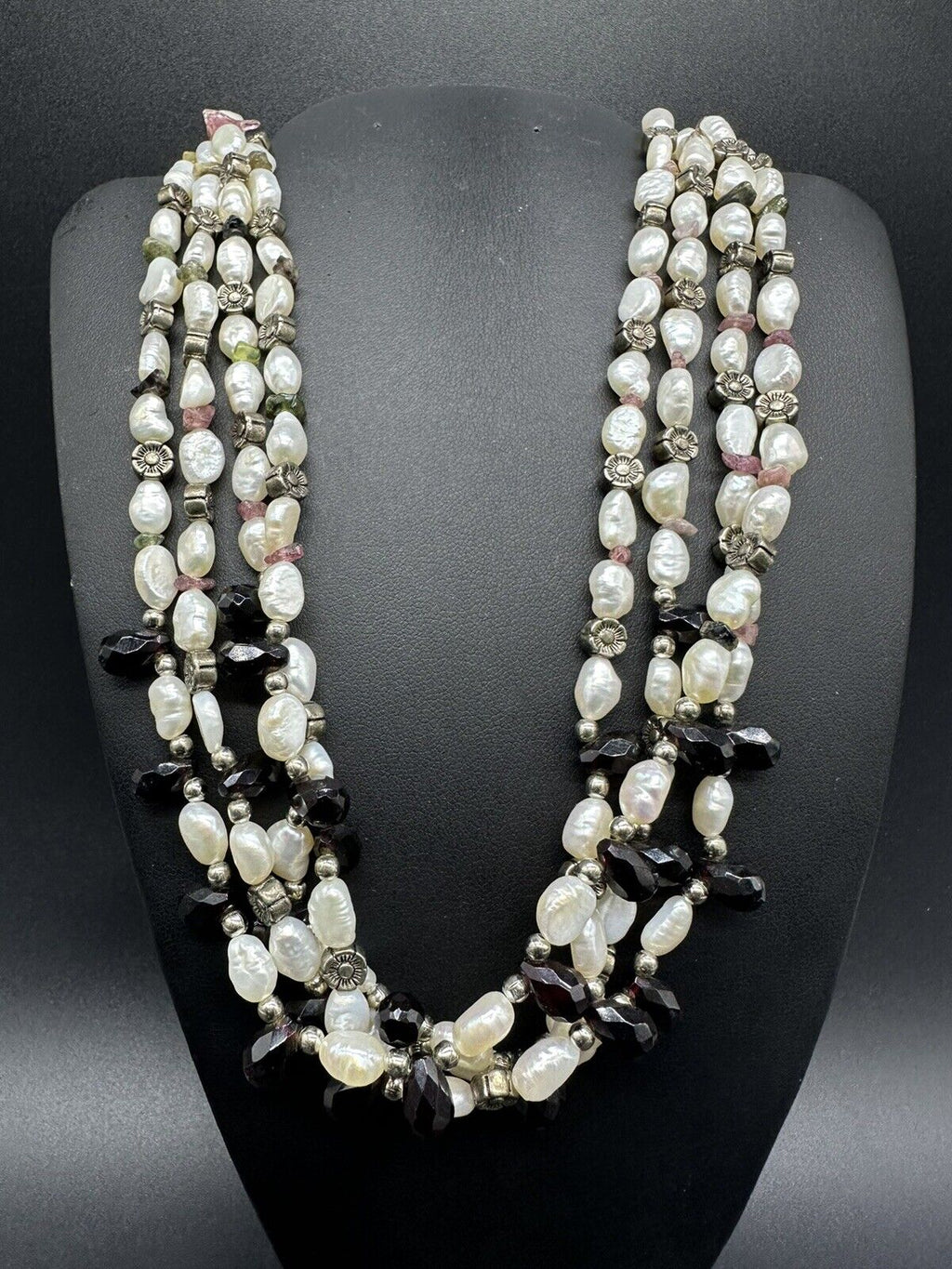 Vtge Freshwater Pearl & Black Faceted Glass Bead Multi-Strand Necklace with Gold Filled Accents