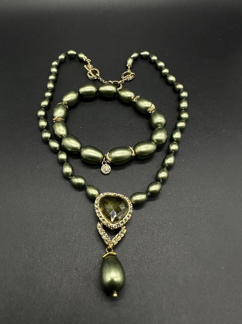 Vintage Monet Beaded Bracelet & Necklace Set Green Gold Tone