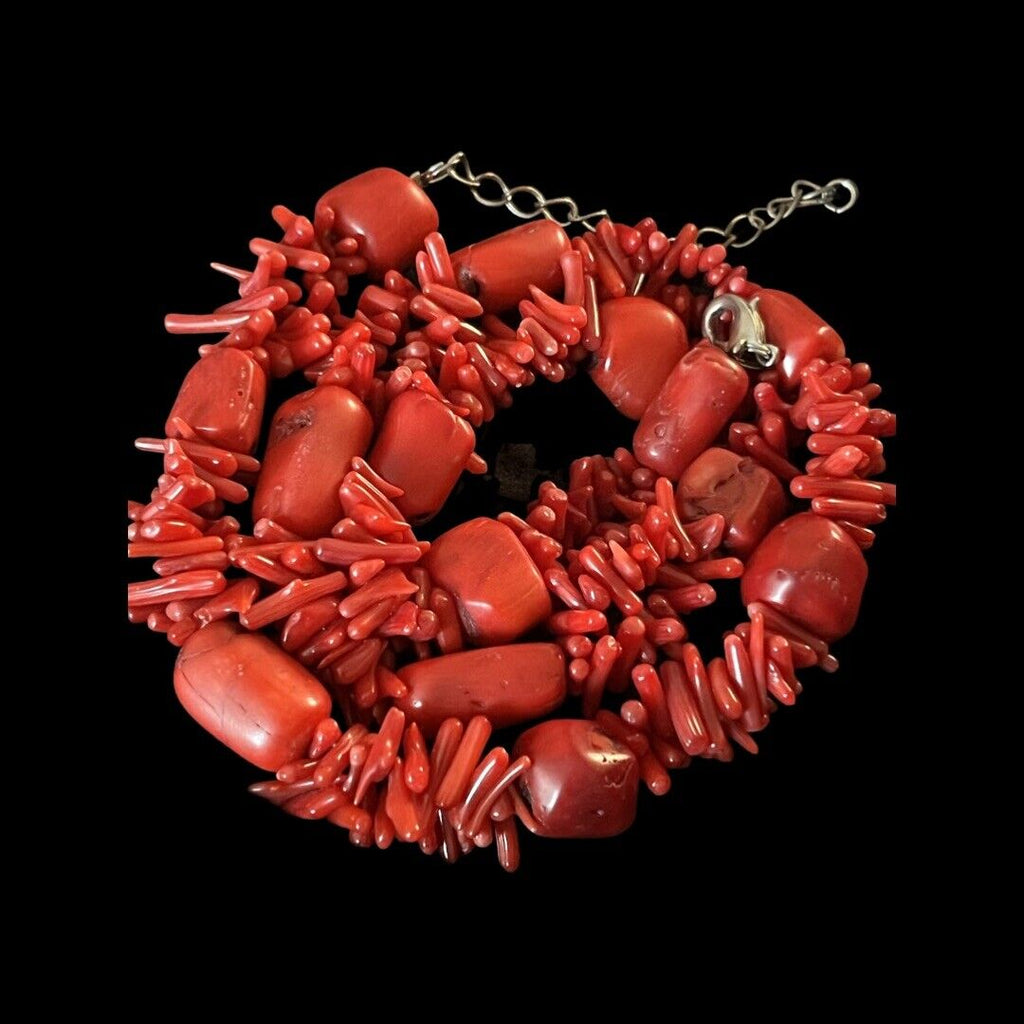 Red Coral Nugget Branch Silver Tone 18"  Necklace