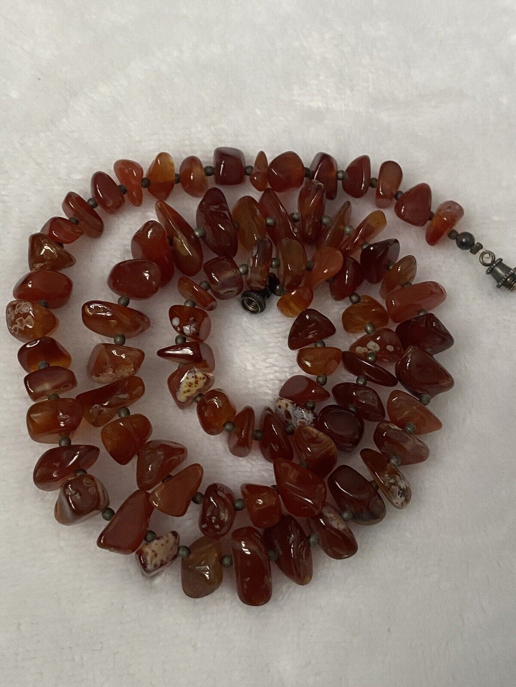 Polished Carnelian Chalcedony Sterling Silver Beaded Barrel Clasp Necklace  21"