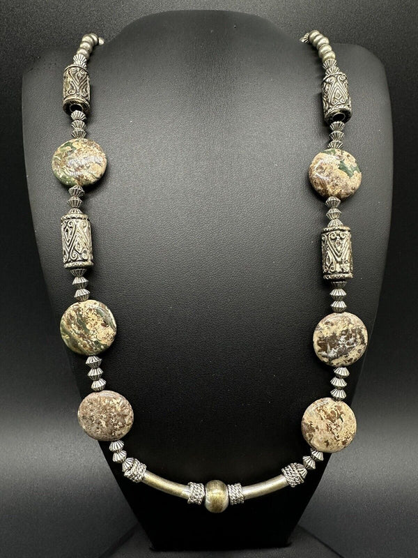 Vintage Silver Tone Jasper? Flat Beaded Necklace Tribal Carved  22”