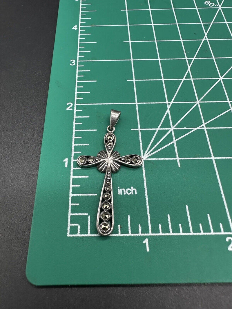 Sterling Silver Marcasite Cross Pendant Charm Patina Vintage 925 1.75”