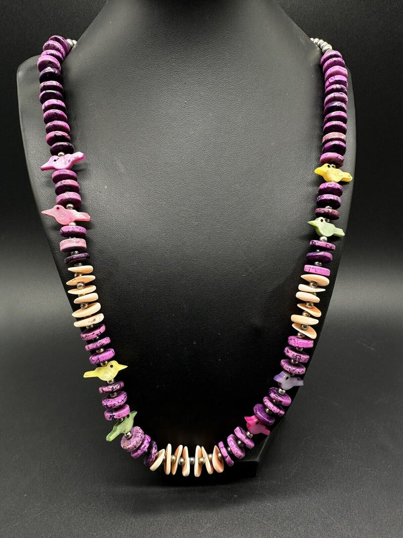Fetish Birds  Shell Purple Bead Necklace 24” STUNNING!