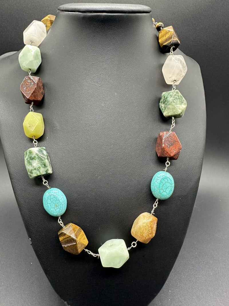 Carved Multi GemStone & Sterling Silver Beaded Necklace Handcrafted Jewelry 19”