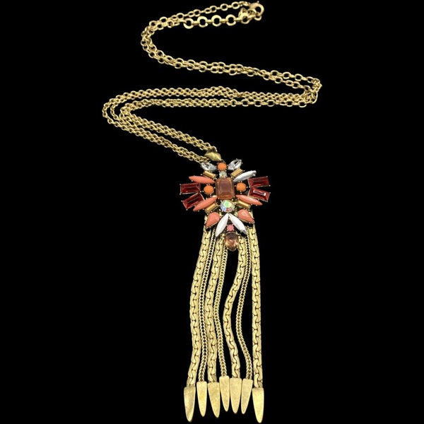 Rhinestone Tassel Pendant Long Necklace Beautiful Gold tone 32" NWOT