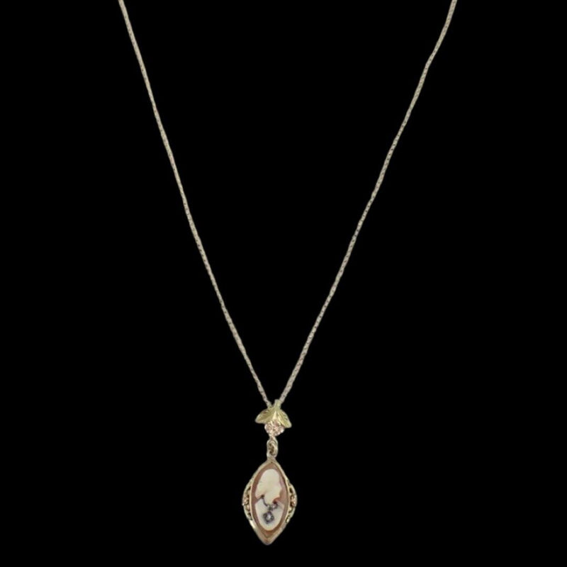 Vintage Carved shell cameo pendant solid 10k gold diamond necklace 16" Long