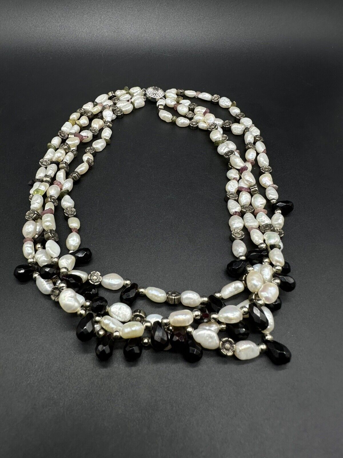 Vtge Freshwater Pearl & Black Faceted Glass Bead Multi-Strand Necklace with Gold Filled Accents