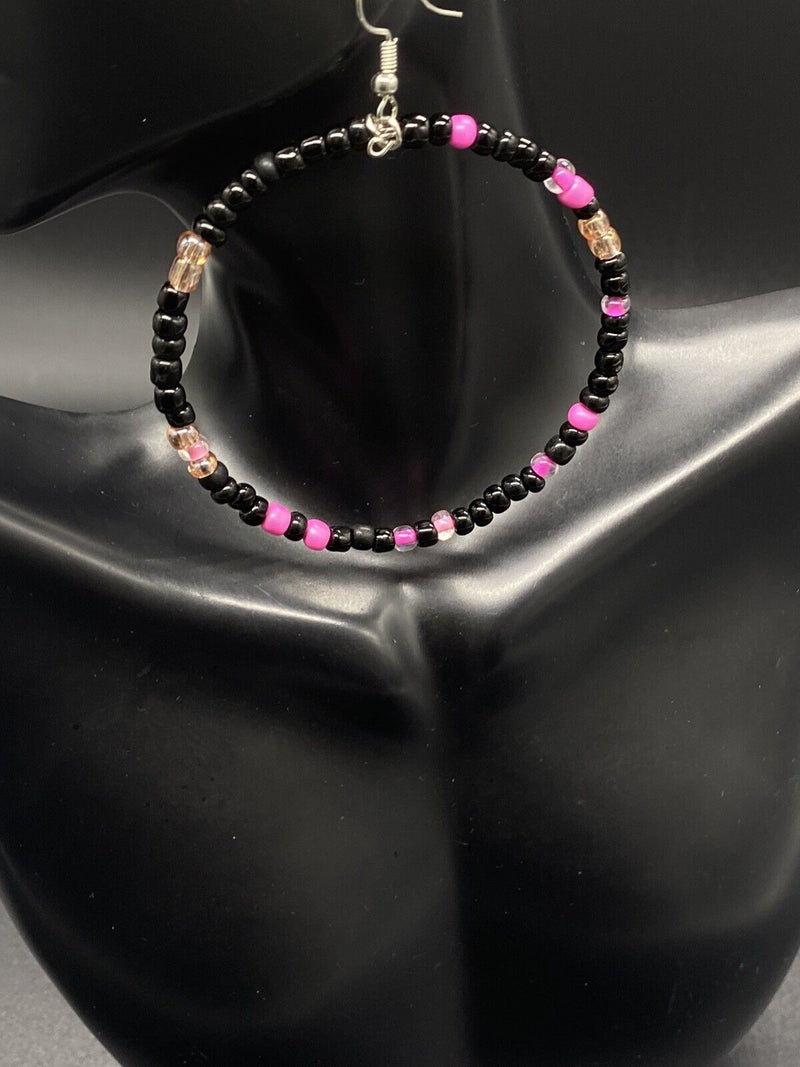 Handmade Crazy Mix Hoop Bead Earrings Seed Bead Pink Black 2.5"