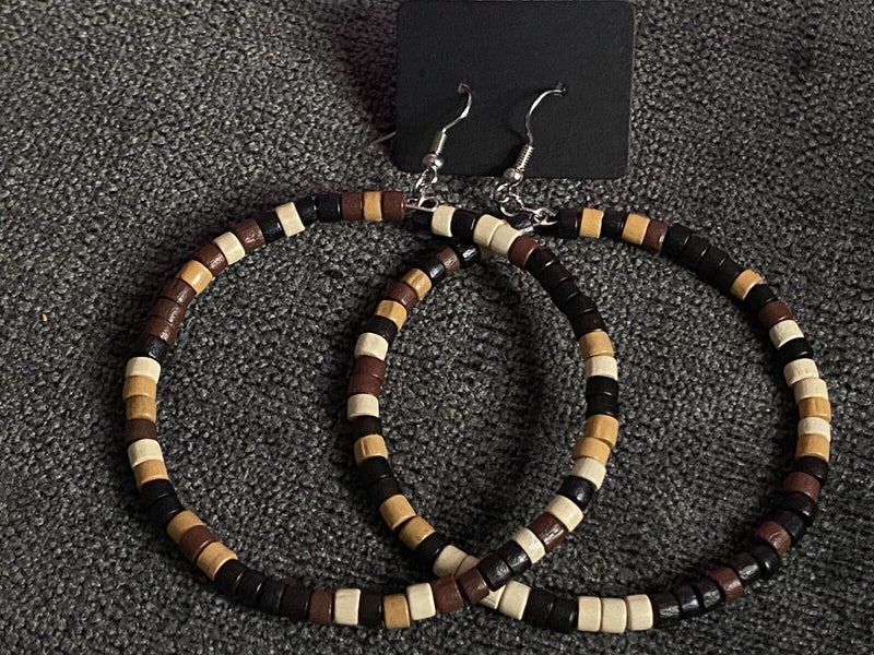 Handmade Crazy Mix Hoop Wood Bead Brown Earrings 2.5"