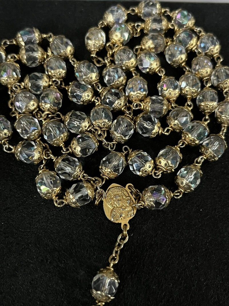 Rosary Capped Crystal Beads Crucifix Religious Vintage~ High-end~