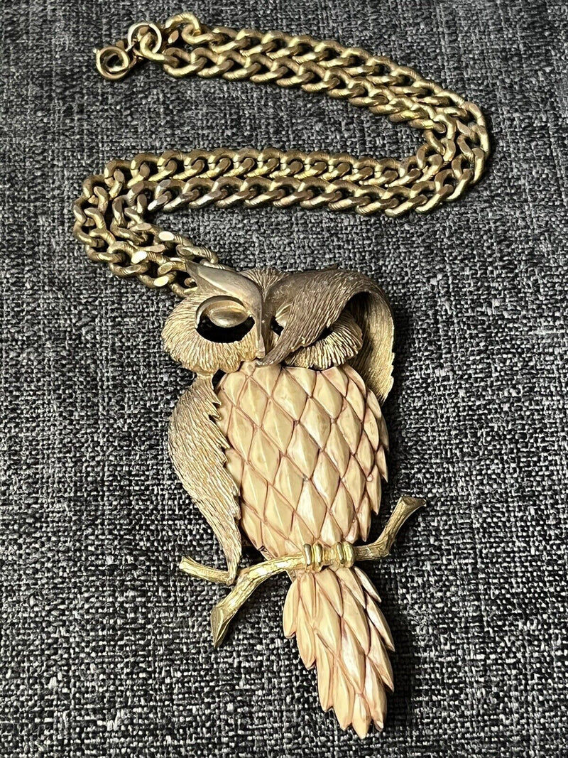Vintage Signed L. Razza Large Owl Stone Pendant Necklace 18" Long