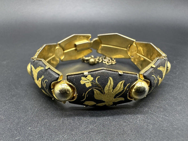 Vintage Damascene Black & Gold Link Bracelet  6.5"