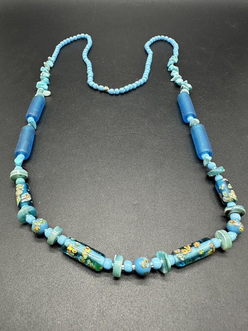 Vintage Murano Art Blue Glass Beaded Necklace 28”