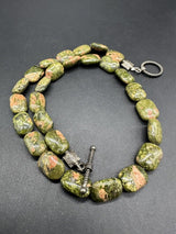 Natural Unakite Gemstone Beaded Necklace w/ Sterling Silver Clasp 16”