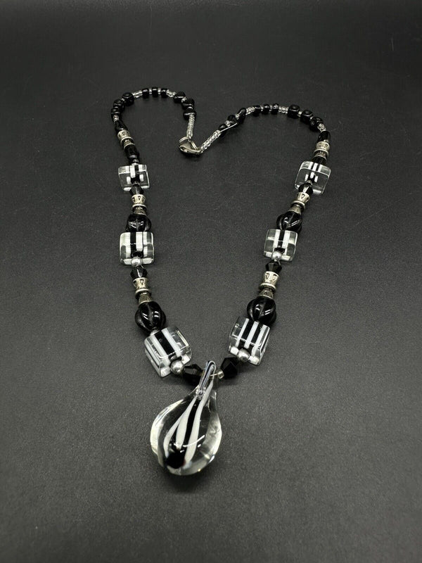 Vintage Art Deco Murano Glass Black & Clear Bead Necklace  17”