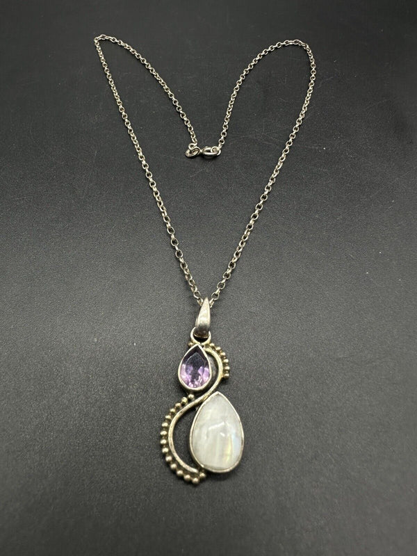 Natural Moonstone & Amethyst Pendant Pear drop gemstone Pendant 17” 8Gs