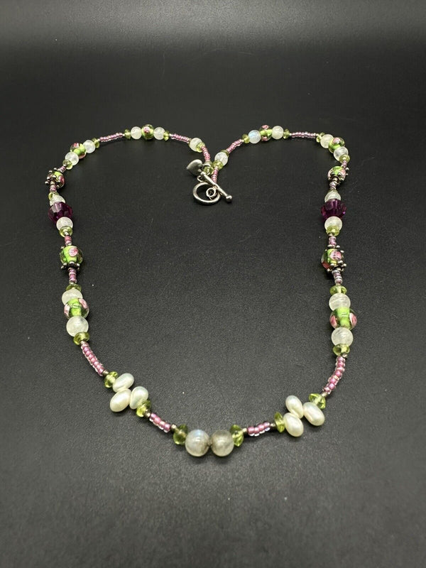 Vintage Murano Glass Pearl Beaded Faceted Crystal Necklace