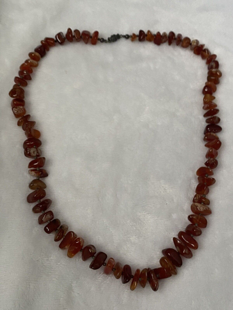 Polished Carnelian Chalcedony Sterling Silver Beaded Barrel Clasp Necklace  21"