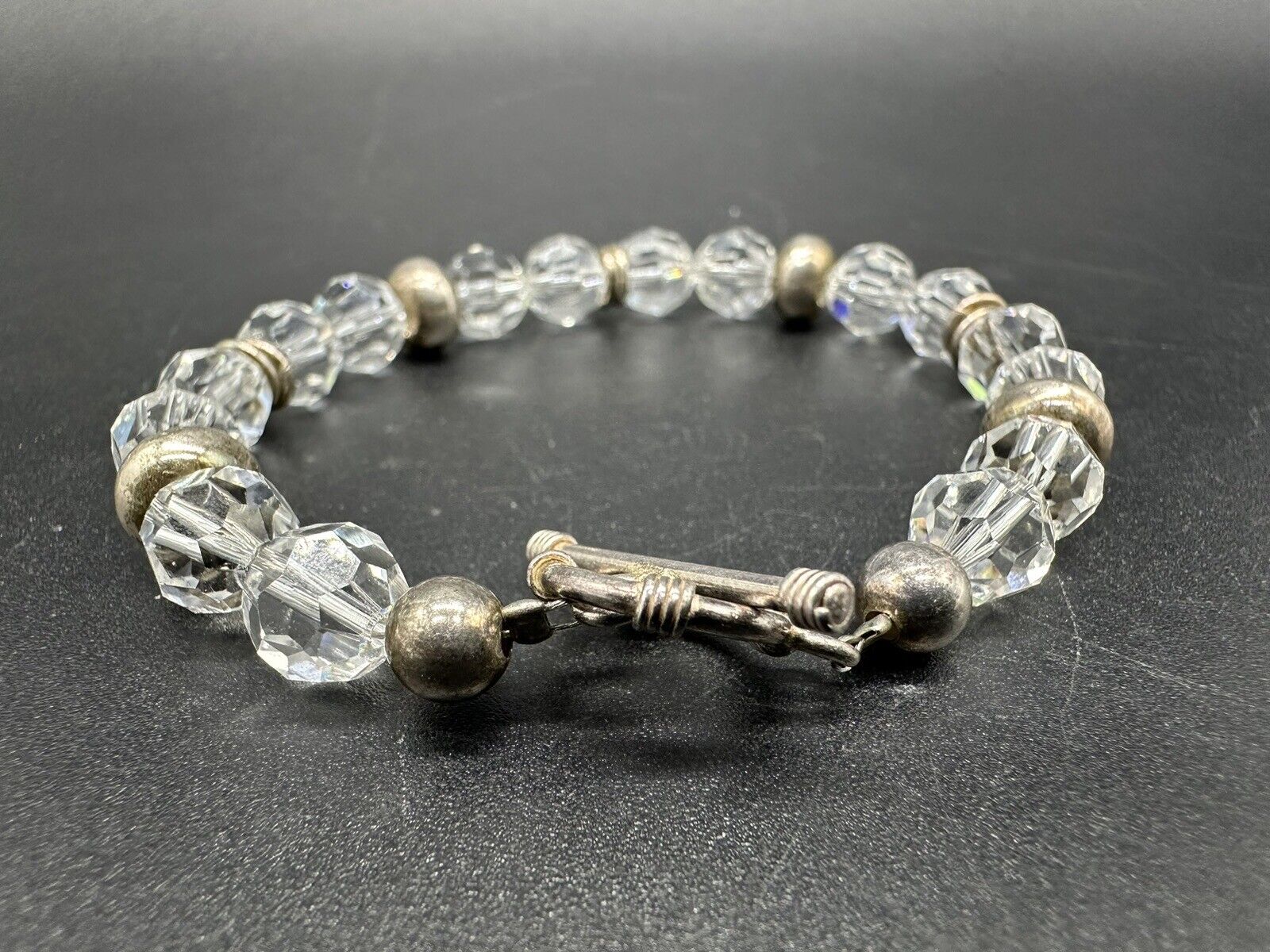 Sterling Silver Crystal Faceted Beaded Bracelet 6.25”