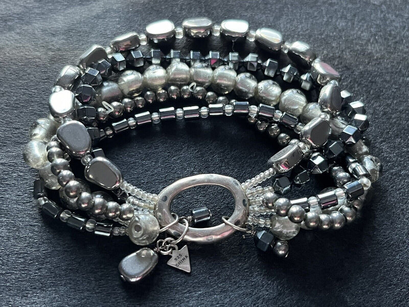 Silpada Hematite 5 Strand Foiled Glass Bead Sterling Silver "Hailstone" Bracelet