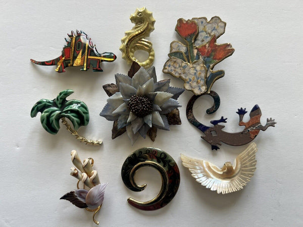 Vintage To Now Unsigned Flower Unique Brooch Pin Mixed Jewelry Lot Of 9 Pcs